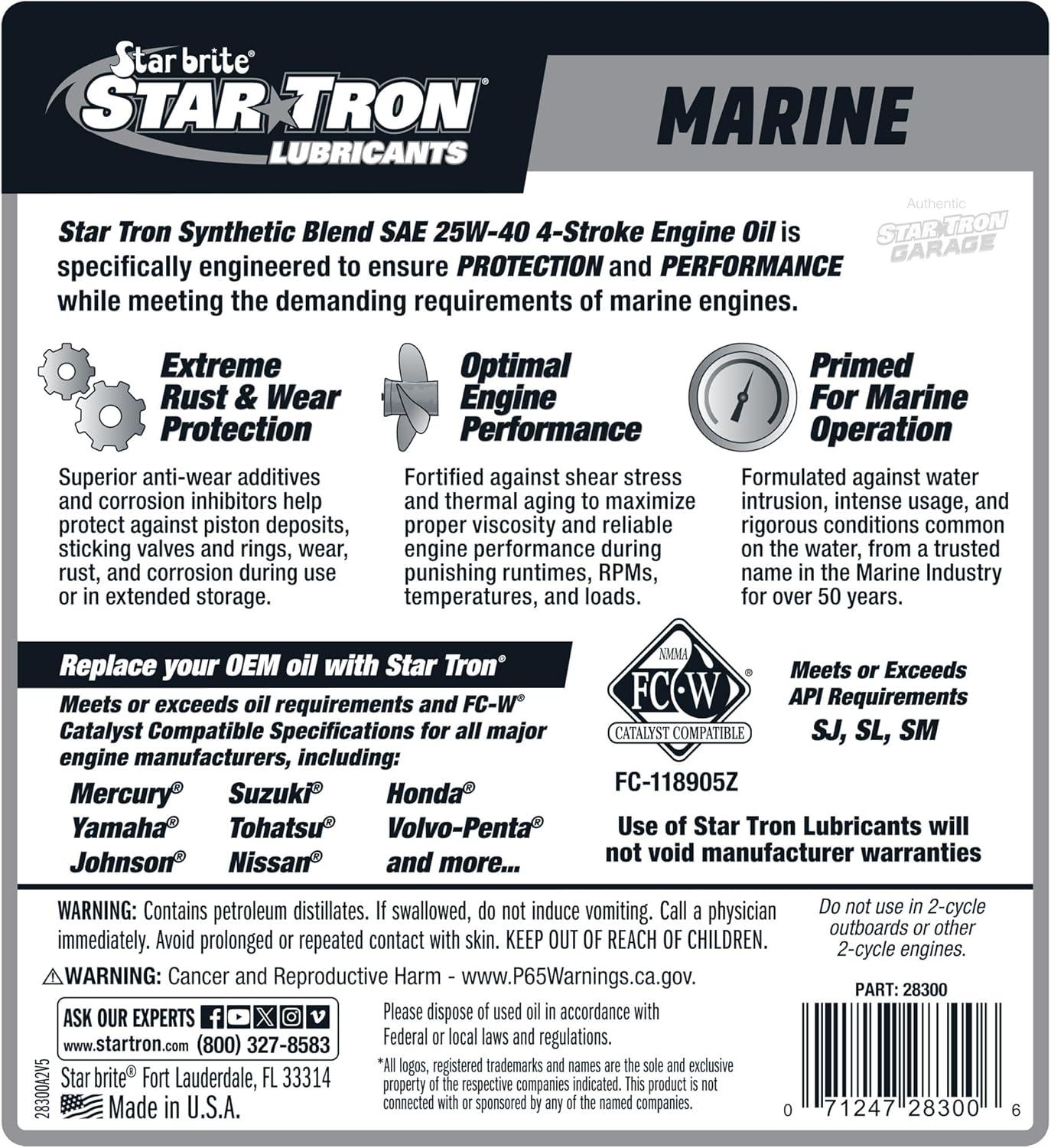 image:imageSTAR BRITE Star Tron Premium 4 Stroke Marine Oil 10W30 Synthetic Blend Engine Oil for Outboards Gasoline Inboards amp Stern Drives NMMA FCW Certified 1 GAL 02810025w40
