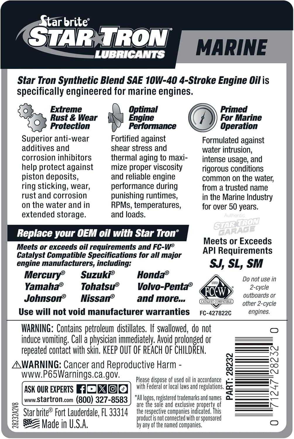 image:imageSTAR BRITE Star Tron Premium 4 Stroke Marine Oil 10W30 Synthetic Blend Engine Oil for Outboards Gasoline Inboards amp Stern Drives NMMA FCW Certified 1 GAL 02810010w40